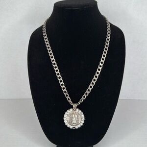 Antique 1900s Virgin Mary Sterling Silver Pendant Necklace with Crystal Lot A35
